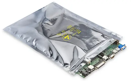 Silver aluminium MBB moisture barrier bag with PCB, EMS Technologies