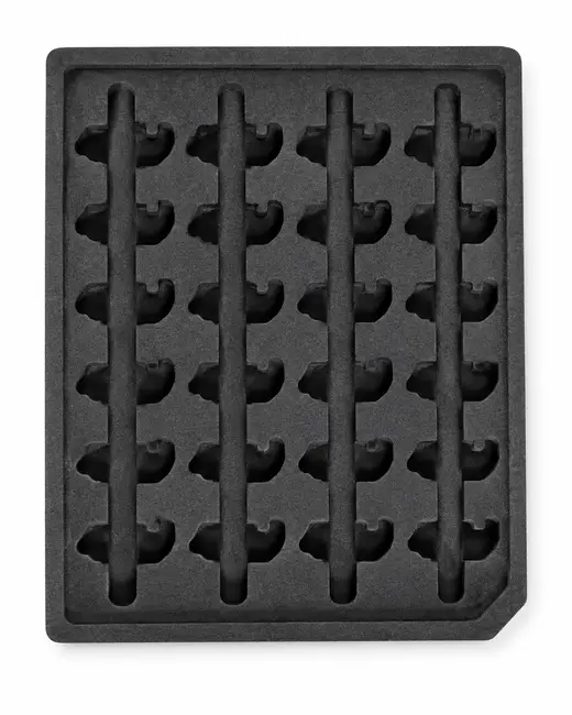 Black conductive foam tray with rails and twenty-four clip pockets holding parts apart, EMS Technologies