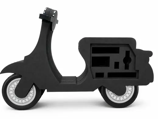 Scooter-shaped conductive foam pack routed with pockets for the components it carries, EMS Technologies