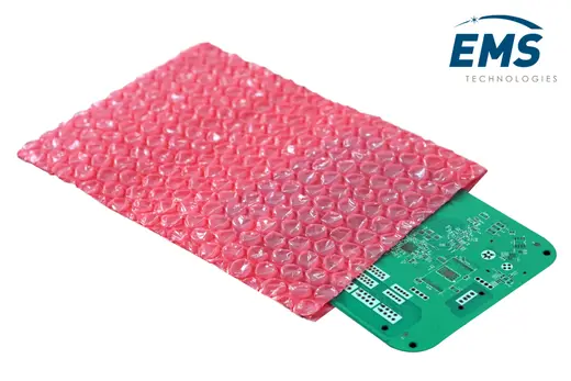 Anti-static bubble bag protecting a printed circuit board, EMS Technologies ESD packing