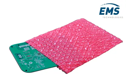 Anti-static bubble bag protecting a printed circuit board, EMS Technologies ESD packing