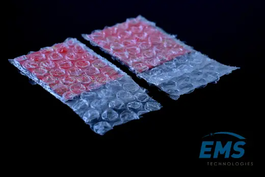 Anti-static bubble bag protecting a printed circuit board, EMS Technologies ESD packing