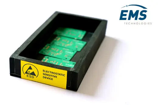 EVA ESD bin holding circuit boards, electrostatic-sensitive-device labelled, EMS Technologies