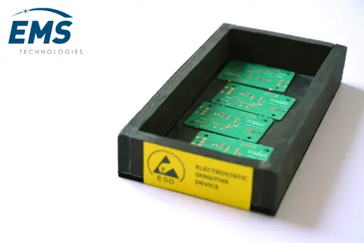 EVA ESD bin holding circuit boards, electrostatic-sensitive-device labelled, EMS Technologies