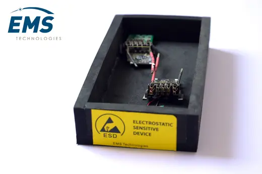EVA ESD bin holding circuit boards, electrostatic-sensitive-device labelled, EMS Technologies