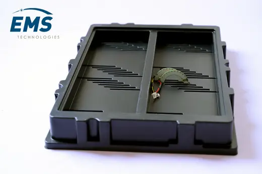 Black HIPS conductive thermoformed ESD tray for secure component storage and transport, EMS Technologies