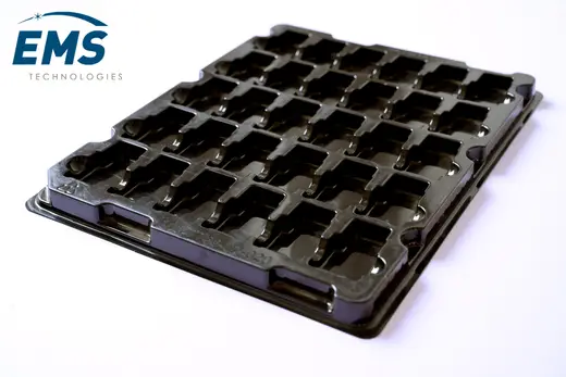 Black HIPS conductive thermoformed ESD tray for secure component storage and transport, EMS Technologies