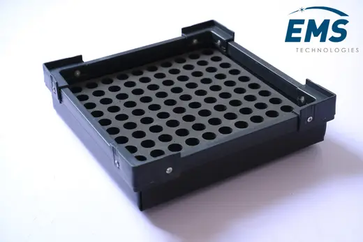 PP corrugated ESD tray with perforated conductive base and corner brackets, EMS Technologies