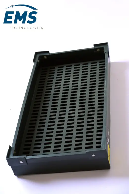 PP corrugated ESD tray with slotted conductive base for component storage and transport, EMS Technologies