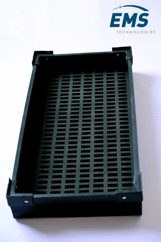 PP corrugated ESD tray with slotted conductive base for component storage and transport, EMS Technologies