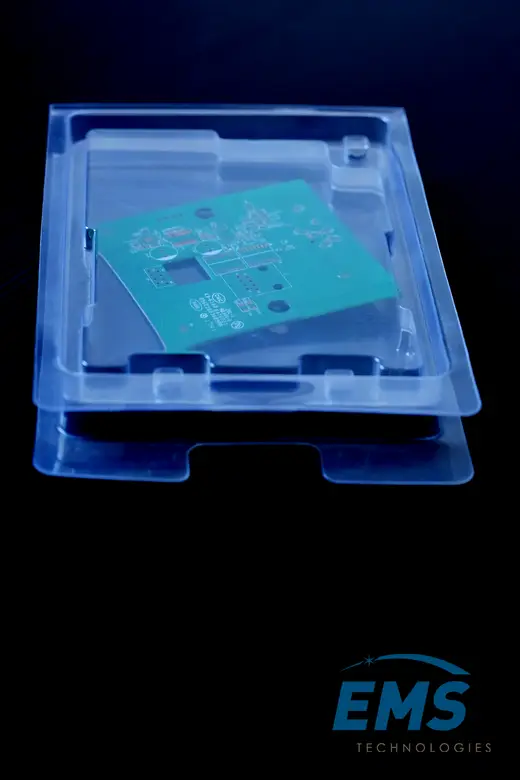 Clear PET thermoformed ESD tray for secure component storage and transport, EMS Technologies