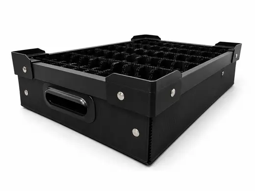 Black PP corrugated ESD bin with a twin-wall divider grid, hand slot and riveted corners, EMS Technologies