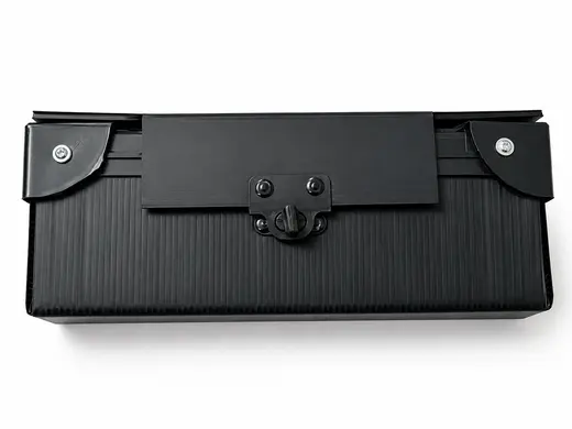 Black PP corrugated ESD box with hinged lid, turn latch and riveted corner brackets, EMS Technologies