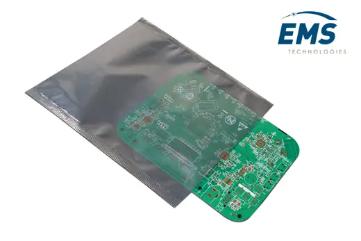 Metallised static shielding bag with PCB forming a Faraday cage, EMS Technologies