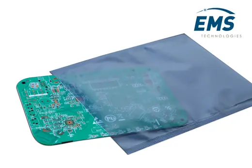 Metallised static shielding bag with PCB forming a Faraday cage, EMS Technologies
