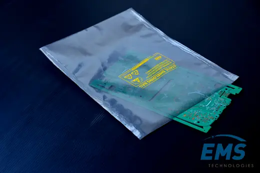 Metallised static shielding bag with PCB forming a Faraday cage, EMS Technologies