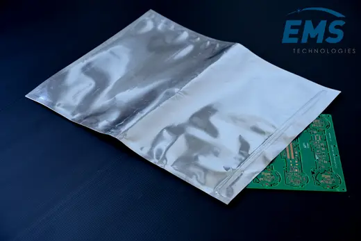 Silver aluminium MBB moisture barrier bag with PCB, EMS Technologies