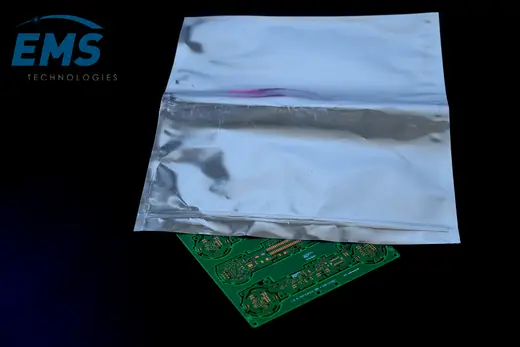 Silver aluminium MBB moisture barrier bag with PCB, EMS Technologies