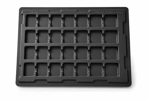 Black thermoformed ESD tray of twenty-four square component pockets, part number embossed in the rim, EMS Technologies