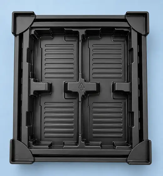 Black thermoformed PP ESD tray with four deep ribbed pockets and the PP recycling mark, EMS Technologies