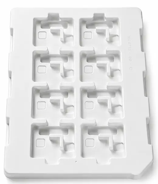 White thermoformed ESD tray of eight deep pockets formed to the component outline, EMS Technologies
