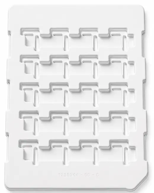 White thermoformed ESD tray with five rows of pockets tooled to a stepped component, EMS Technologies
